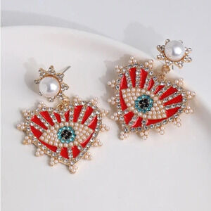 Anthropologie Red Evil Eye Protection Heart Crystal Earrings